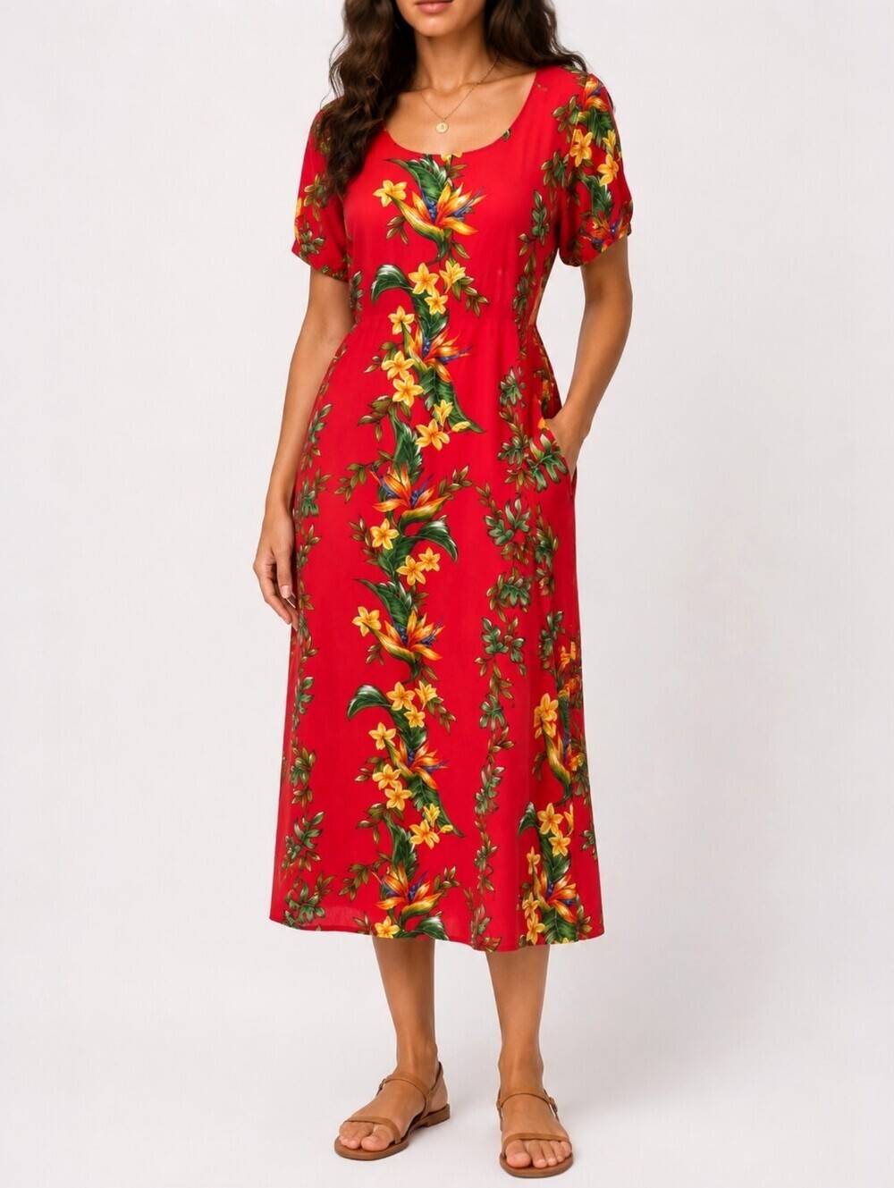 Vintage Shannon Marie Hawaiian Bird of Paradise Plumeria Midi Dress Resort USA S